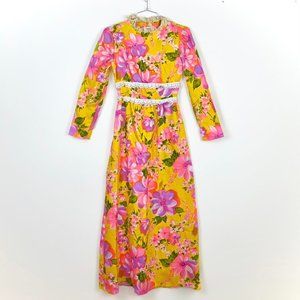 yellow floral long sleeved authentic 60s 70s vintage maxi dress with lace XS